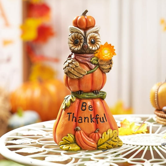 Outdoor Fall Decor for Garden Statues, Autumn Pumpkin Decor Owl & Sunflower with Solar Lights for Outside, Harvest Resin Fall Decorations for Home Yard, Thanksgiving Gifts, 10.4"