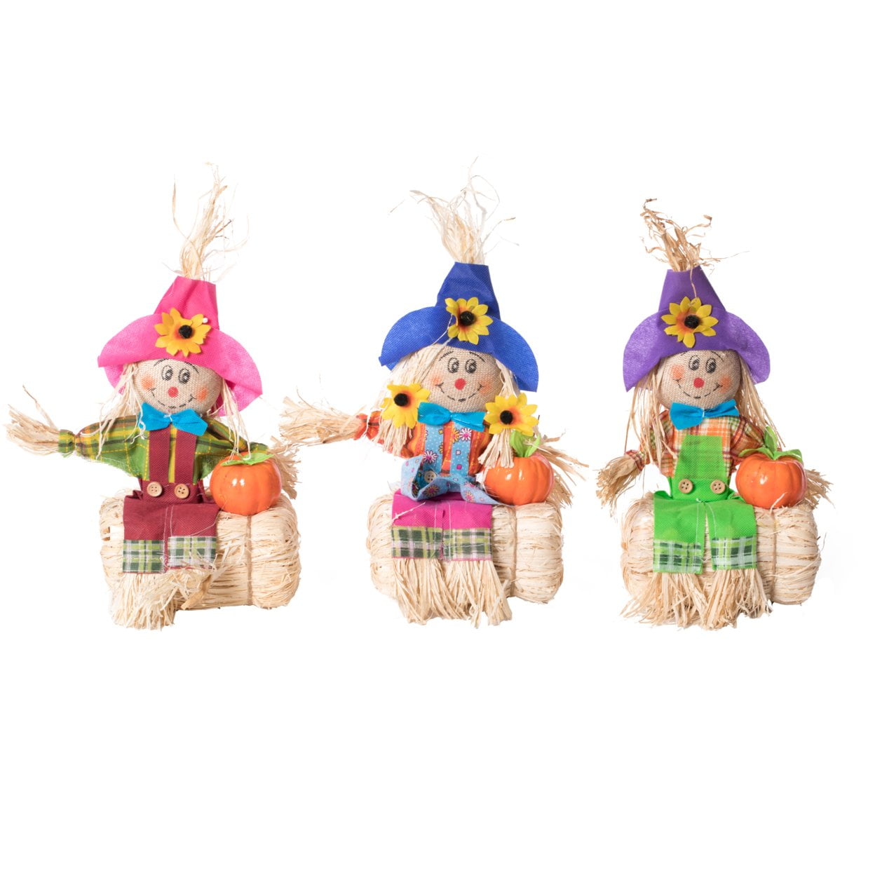 Multicolor Fabric and Hay Trio Scarecrows for Halloween and Fall Decor
