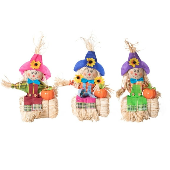 Gardenised 12 Inch Sitting on Straw and Hay Bales Multicolor Trio Scarecrows for Halloween, Fall and All Time Season Garden Decor, Scatter them Around or Gather them Together for a Mesmerizing Display