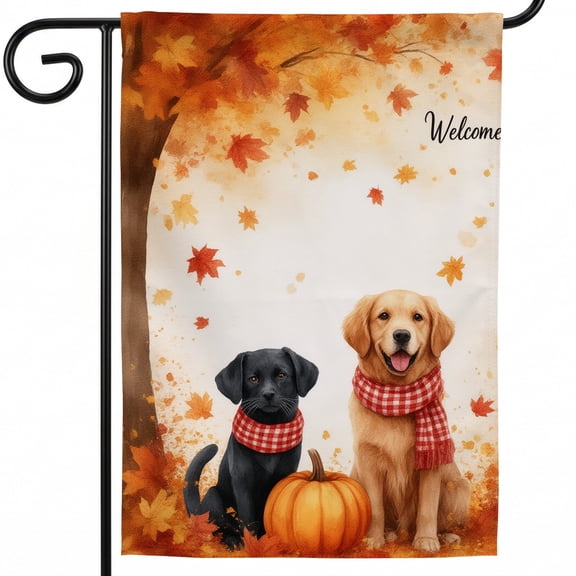 Outdoor Fall Flag 28 x 40 Inches A couple of dogs sitting next to each other in front of a tree House Fall Decor