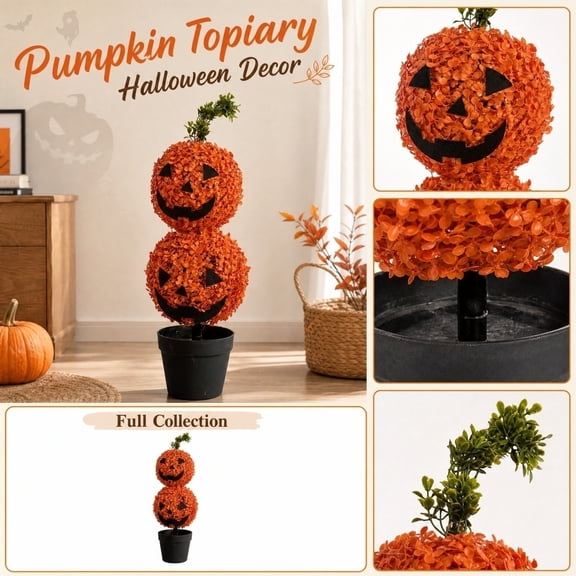 Outdoor Fall Pumpkin Decorations 24 Inch Jack O Lantern Topiary Potted Arrangement for Porch Lawn and Yard Halloween Home Decor