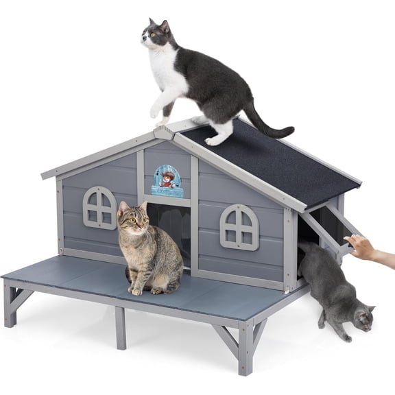 Outdoor Feral Cat House, Large Wooden Outside Cat Shelter with Balcony, Sloped Weathproof Roof, Elevated Legs, Escape Doors, Grey