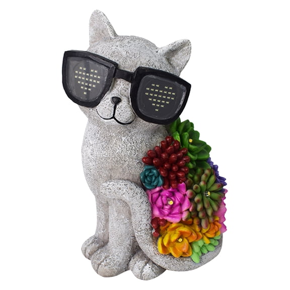 Outdoor Figurine Decorations with Succulent and 7 LED Lights Solar Cat Figurines Garden Decor for Outside Yard Lawn Patio Porch Balcony