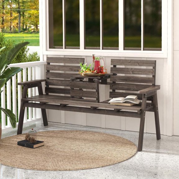 Outdoor Fir Wood Bench with Foldable Center Table