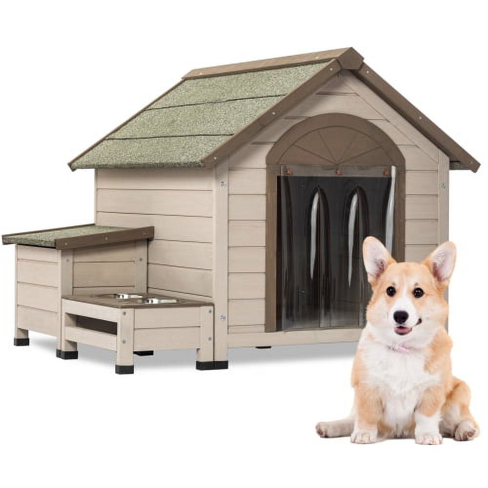 Medium Outdoor Fir Wood Dog House with Storage and Feeding Station