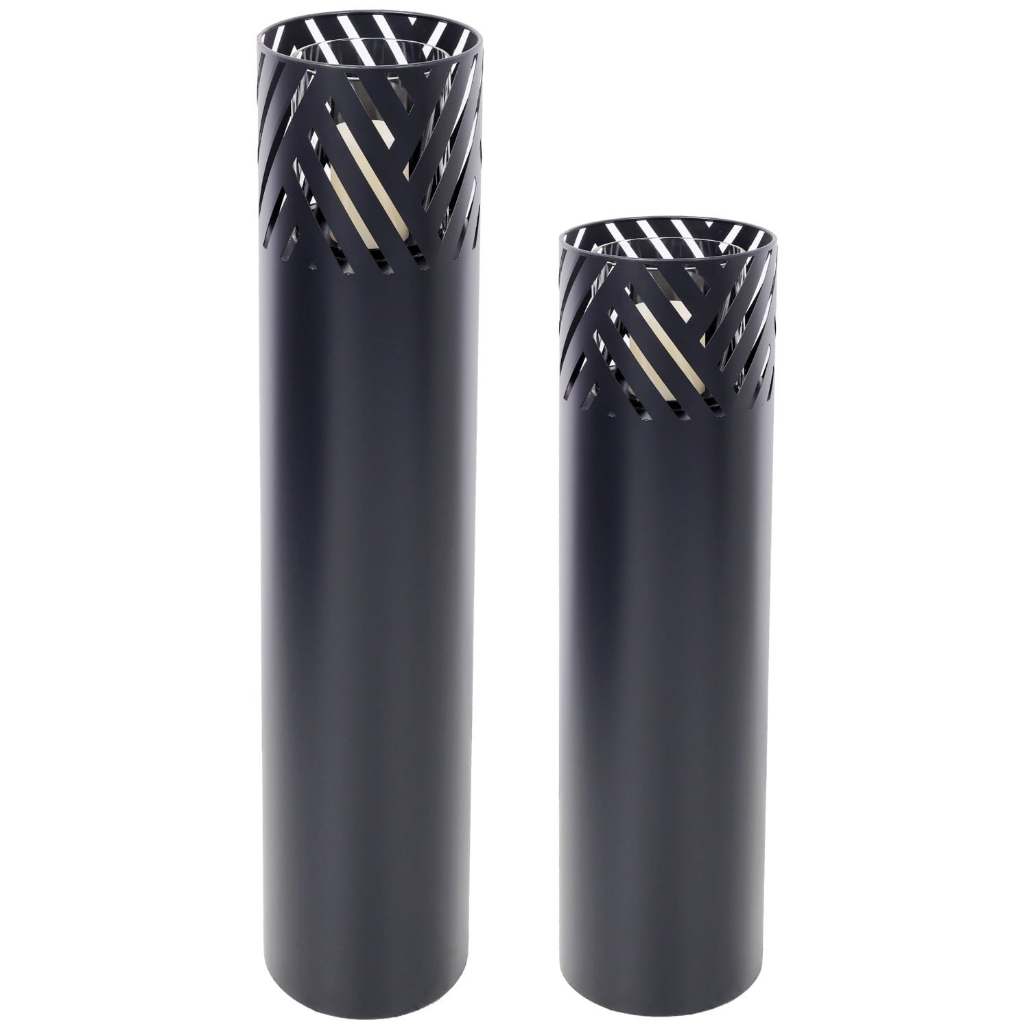 Outdoor Fire Pillars, Industrial Design, Glass Cylinders & Candles Included, 37.5" & 29.5" Tall