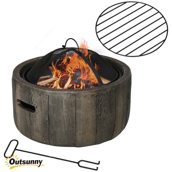 Outdoor Fire Pit, 18 Inch Metal Wood Burning Fireplace with Spark Cover, Poker, Woodgrain Design for Patio, Picnic, Backyard, Dark Brown