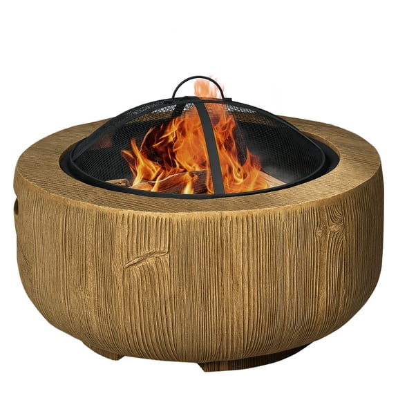Outdoor Fire Pit 24 Inch Wood Burning Fireplace with Spark Cover & Poker - Metal Fire Bowl with Woodgrain Design - Light Brown Patio Heater