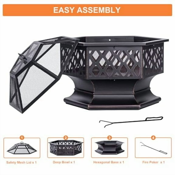 Outdoor Fire Pit, Hexagon Shaped Wood Burning Firepit for Outside Bonfire, Patio, Backyard and Camping (Antique Bronze, 28 Inch)