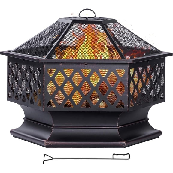 Outdoor Fire Pit, Hexagon Shaped Wood Burning Firepit for Outside Bonfire, Patio, Backyard and Camping (Antique Bronze, 33 Inch)