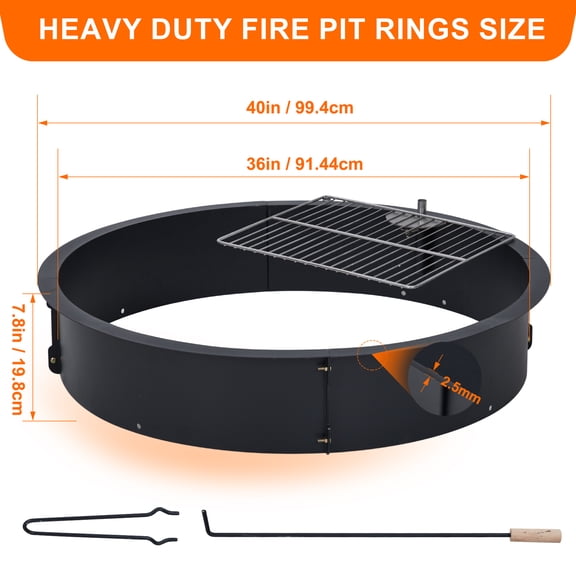 Outdoor Fire Pit Ring 30" – Heavy Duty 2.5mm Steel Round Insert, 36" Outer x 10" Height Campfire Ring for Camping BBQ Backyard