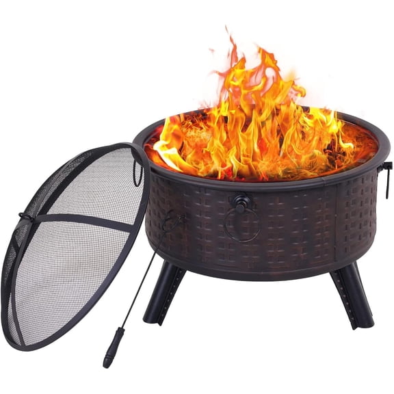 Outdoor Fire Pit, Round Deep Bonfire Wood Burning Fire Pit with Spark Screen Cover, Safe Mesh Lid & Poker for Patio