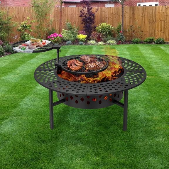 Outdoor Fire Pit Table with Grill & Side Shelf 3-in-1 Fire Pit for Warmth, BBQ & Dining Heavy-Duty Metal Fire Pit for Patio, Backyard, Garden Gatherings