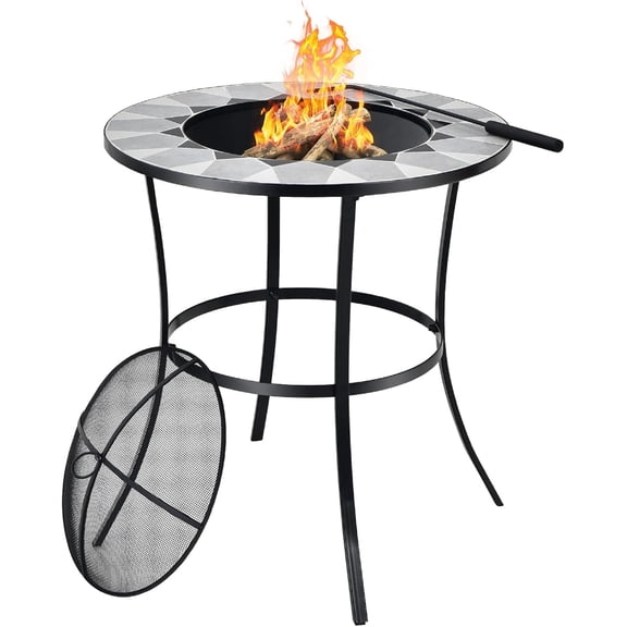 Outdoor Fire Pit Table with Tile Tabletop, Small Round Steel Fire Bowl with Screen Cover, Fire Poker, Patio Wood Burning Fire Table for Camping, Bonfire & Outdoor Heating