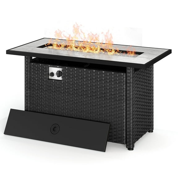 Outdoor Fire Pit Table with Waterproof Cover and Glass Rock, Lofka 45" Rattan 50000 BTU Gas Fire Pit with Lit for Outside, Black