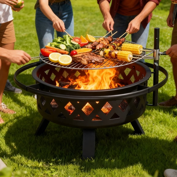Outdoor Fire Pit With Grill, Steel Fire Bowl for BBQ Camping Picnic