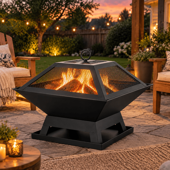 Outdoor Fire Pits Wood Burning, 18.3in Square Firepit with Star Pattern Mesh, Side Petal, Heavy-Duty Fire Pit w/ Stable Legs for Yard Patio Garden
