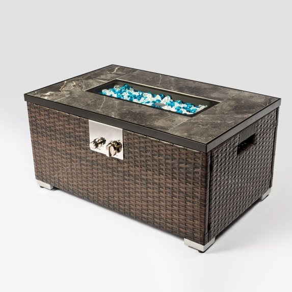 Outdoor Fire Table Propane Fire Pit Rattan Gas Fire Table, Gas Fire Table with Tile Tabletop,32" L x 20" W x15 H, Brown