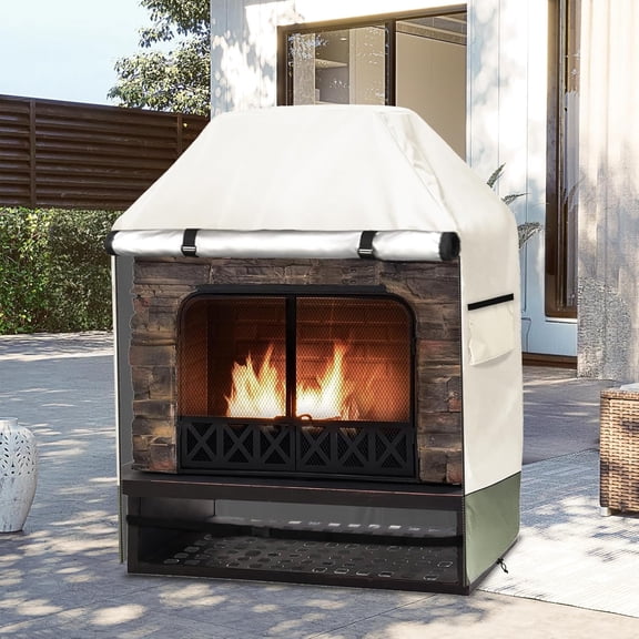 Outdoor Fireplace Cover, Heavy-Duty 600D Oxford Waterproof Steel Chimney Fireplace Cover for Outside Wood Burning Fire Pits, 42"W × 24"D × 48"H, Beige and Grayish Green