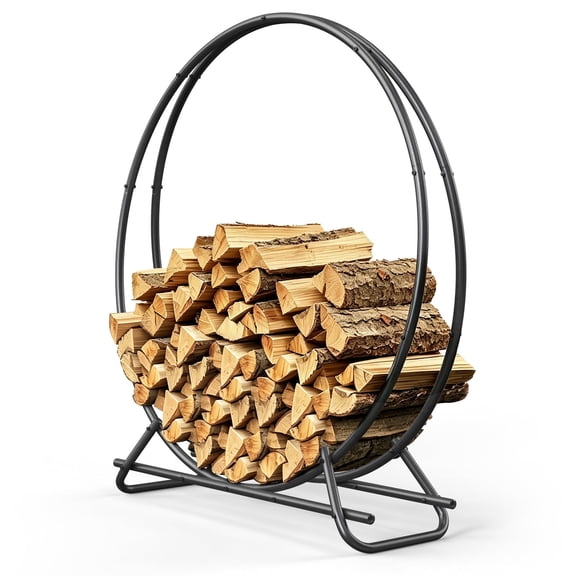 Outdoor Firewood Circle Rack, 48 Inch Metal Pipe Ring Firewood Holder, Sturdy & Durable for Indoor/Outdoor Use, Space-Saving for Fireplace, Campfire, Backyard or Garage, Black