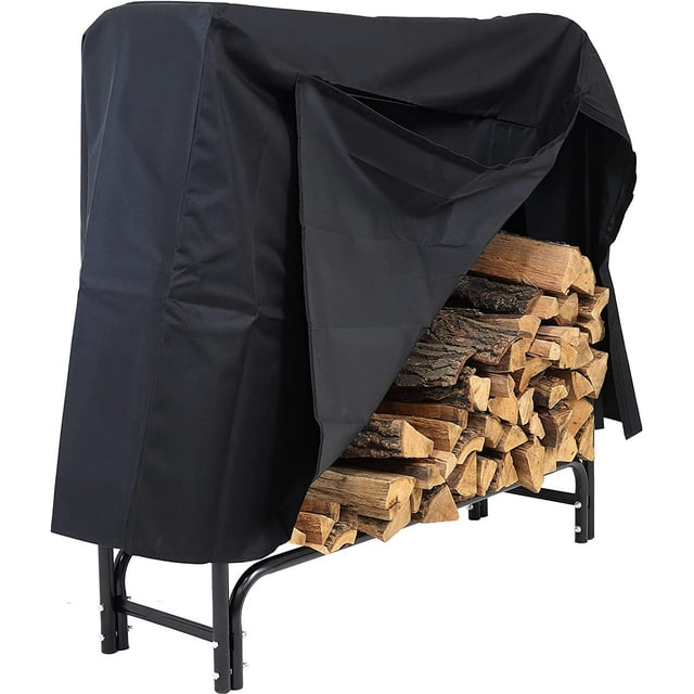 Outdoor Firewood Log Rack and Cover Set - 4-Foot Powder-Coated Steel Lumber Storage System with Durable Weather-Resistant Protective Black PVC Top