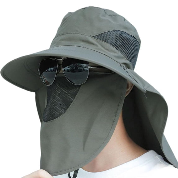Outdoor Fisherman Hat with Face Cover and Neck Flap, Wide Brim Sun Hat with Breathable Mesh, Adjustable Strap, Foldable Safari Hat for Fishing, Hiking, Camping