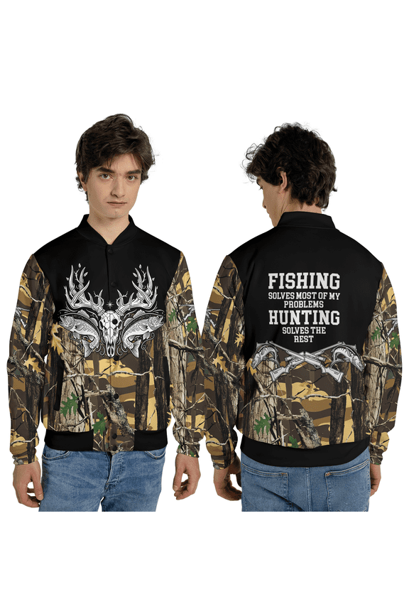 Outdoor Fishing Baseball Jacket, Deer Skull Camo Baseball Jacket, Camouflage Baseball Jacket