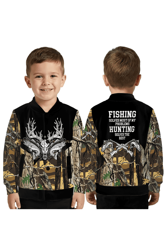 Outdoor Fishing Jacket, Deer Skull Camo Baseball Jacket, Camouflage Deer Hunting Coat