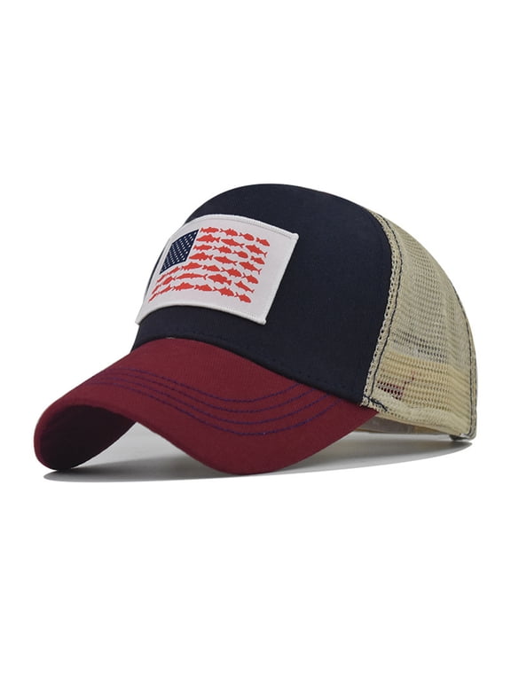 Outdoor Fishing Mesh Trucker Hat With Fish US Flag Patch Adjustable Two Tone Curved Brim Cap for Patriotic Holiday Hiking Beach & Backyard BBQ Events Khaki