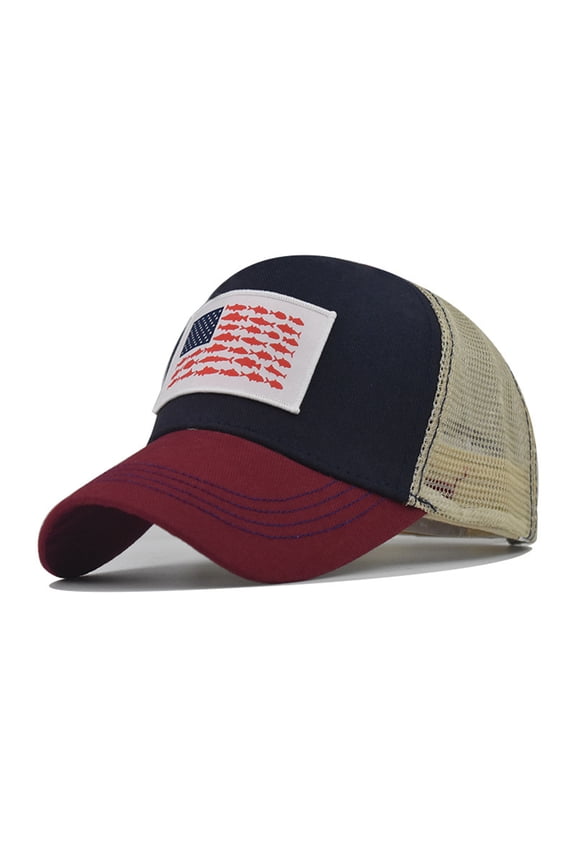 Outdoor Fishing Mesh Trucker Hat With Fish US Flag Patch Adjustable Two Tone Curved Brim Cap for Patriotic Holiday Hiking Beach & Backyard BBQ Events Khaki