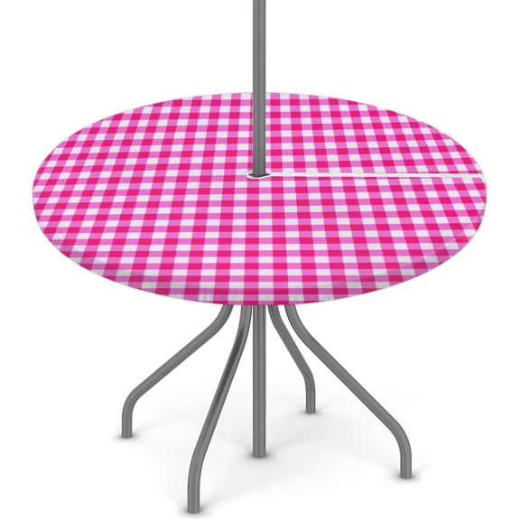 Outdoor Fitted Round Tablecloth With Umbrella Hole, Flamingo Plaid Patio Table Cover Waterproof Umbrella Table Cover Spring Decorations for Party Picnic,Fit for 45"-52" Round Tables