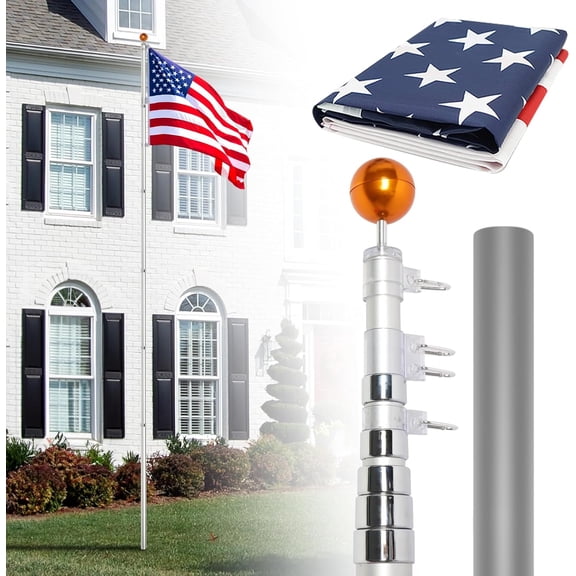 Outdoor Flag Pole, Aluminum Alloy 20FT Retractable Flagpole with 3'x5' USA Flag Gold Ball Top Halyard Rope PVC Sleeve for Commercial Residential Yard Garden Silver