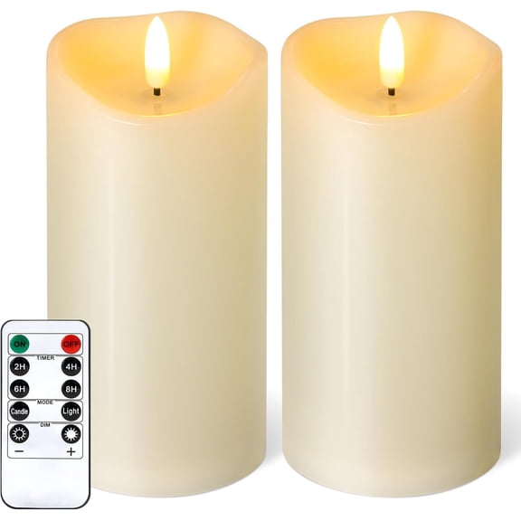 Outdoor Flameless Candles with Remote Timer - Waterproof Realistic Flickering LED Pillar Electric Battery Operated Fake Candle for Holiday Home Wedding Fireplace Decor - Ivory 2 Pack (6" 6")
