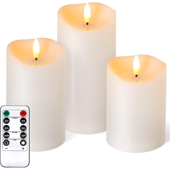 Outdoor Flameless Candles with Remote Timer - Waterproof Realistic Flickering LED Pillar Electric Battery Operated Fake Candle for Holiday Home Wedding Fireplace Decor - 3 Pack Ivory White