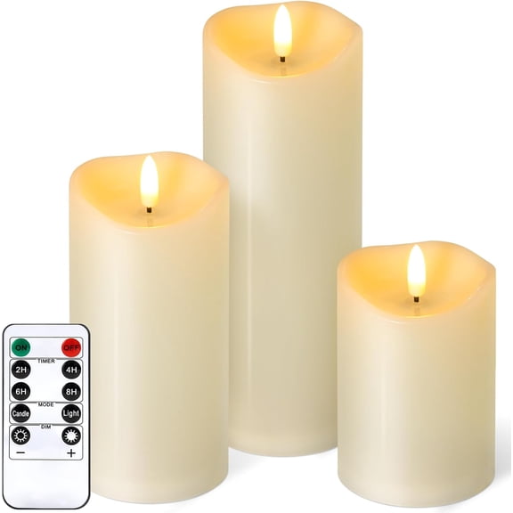Outdoor Flameless Candles with Remote Timer - Waterproof Realistic Flickering LED Pillar Electric Battery Operated Fake Candle for Home Patio Wedding Fireplace Decor - Ivory 3 Pack (D3H468)
