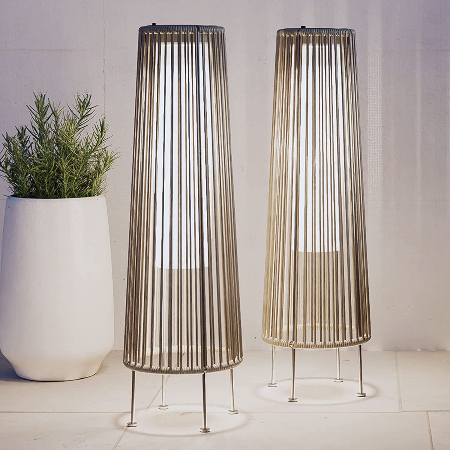Light Brown Resin Wicker Solar Floor Lamp 2-Pack
