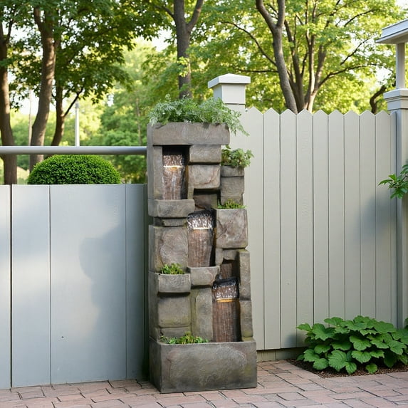 Outdoor Floor Standing Garden Water Fountains Rock Waterfall Fountain with LED Lights for Garden, Patio, Backyard, Deck, Porch and Home Art Decor