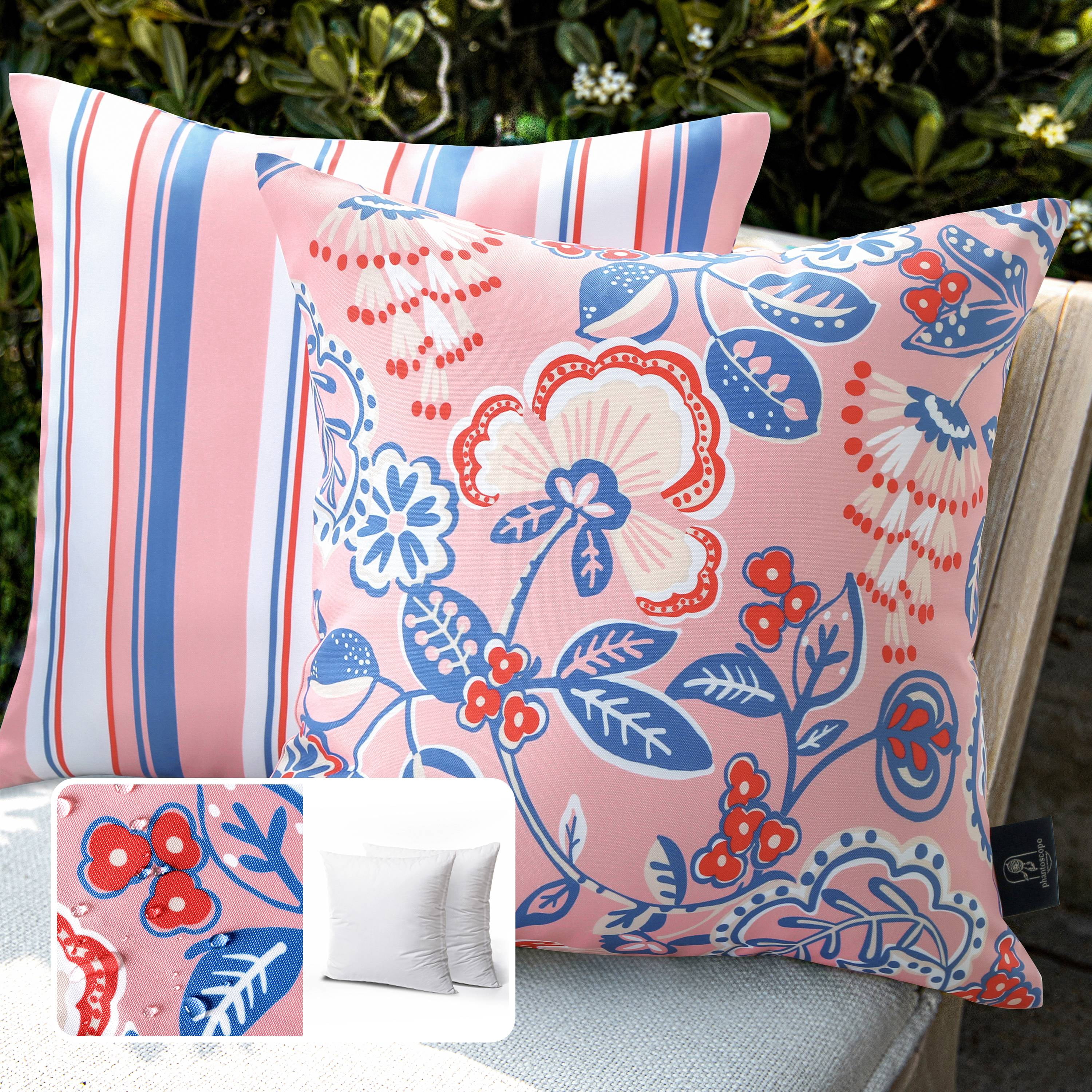 Outdoor Floral Printed Decorative Waterproof Throw Pillow for Patio Garden, Light Pink 20x20 Inch, Pack of 2