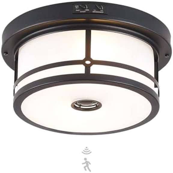 Outdoor Flush Mount Motion Sensor Ceiling Light,2-Light Industrial Porch Lights Ceiling Mount Black Finsh with Clear Frosted Glass for Front Porch, Garage, Patio, Entryway, Farmhouse$$
