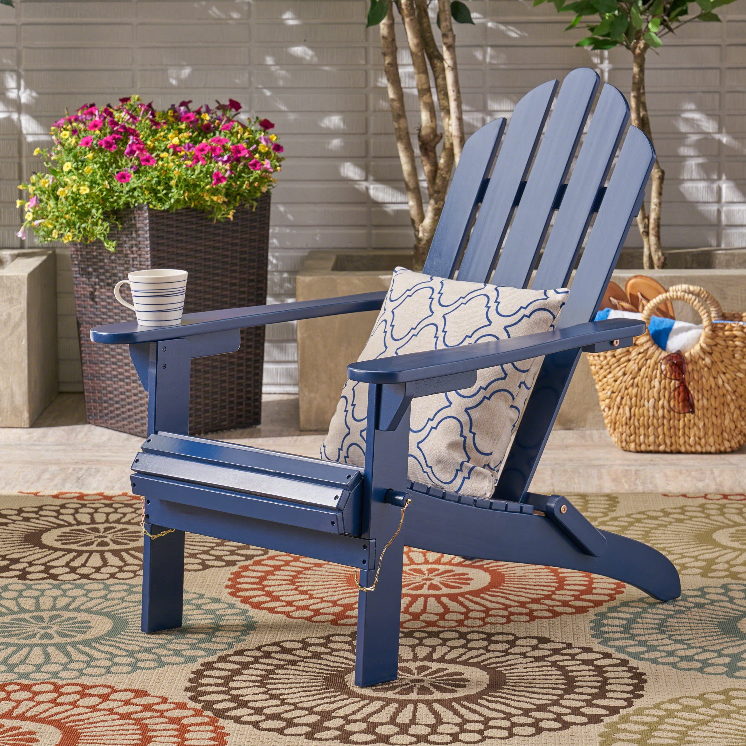 Outdoor Foldable Adirondack Chair, Portable Acacia Wood Relax Chair for Patio Garden, Blue