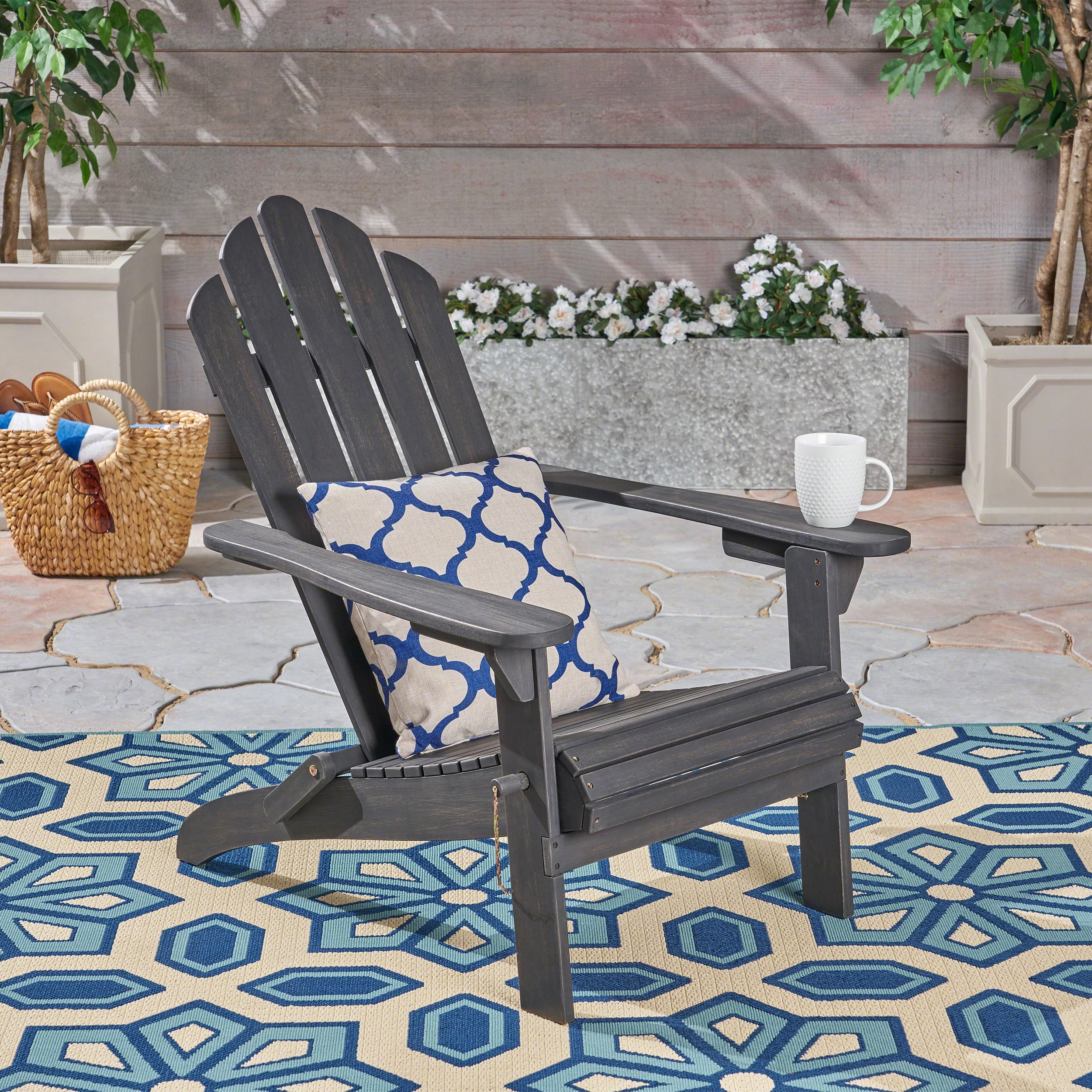 Outdoor Foldable Adirondack Chair, Portable Acacia Wood Relax Chair for Patio Garden, Dark Gray
