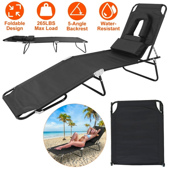 Outdoor Foldable Beach Lounge Chair for Tanning 5-Position Adjustable Sunbathing Pool Lounge Chair for Beach Yard Pool Patio Black