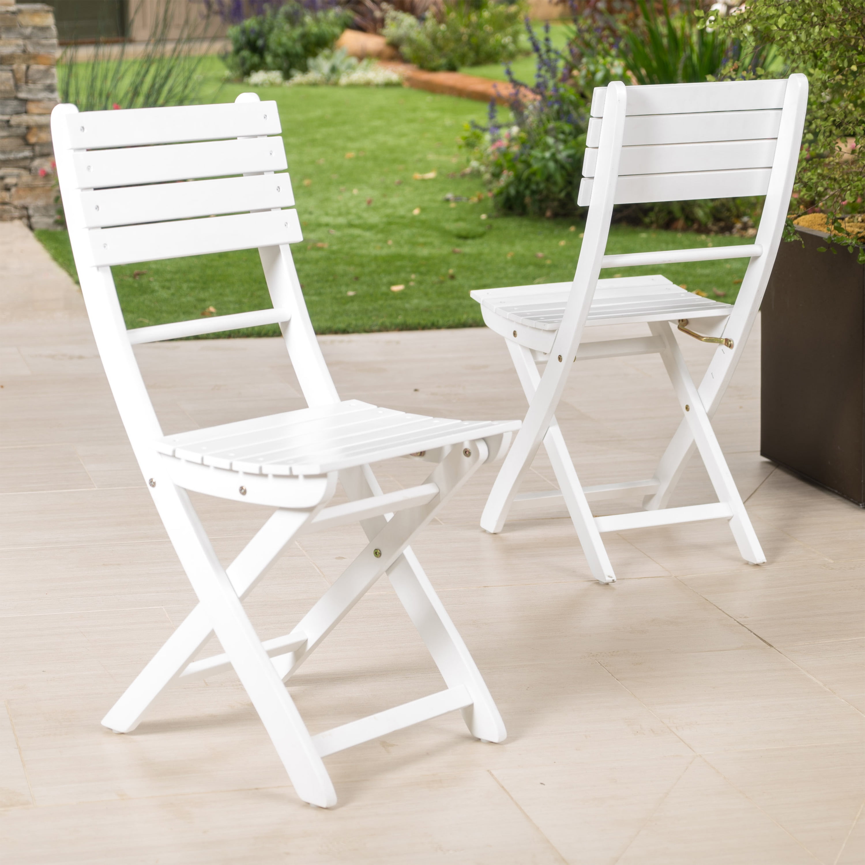 Outdoor Foldable Dining Chair Set of 2, Portable Acacia Wood Leisure Seats for Patio Garden, White