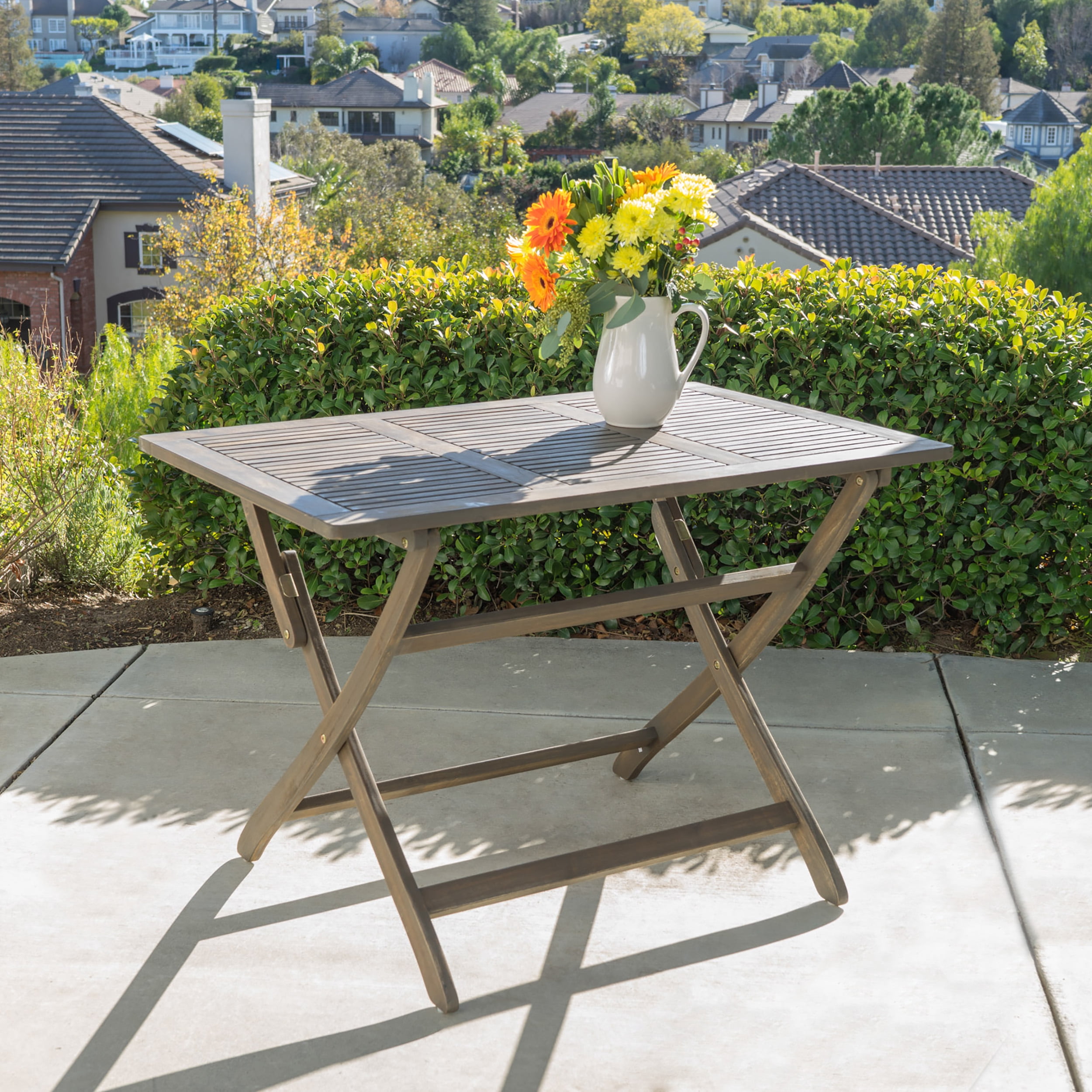 Outdoor Foldable Dining Table 43.5 Inch, Portable Acacia Wood Leisure Table for Patio Garden, Grey