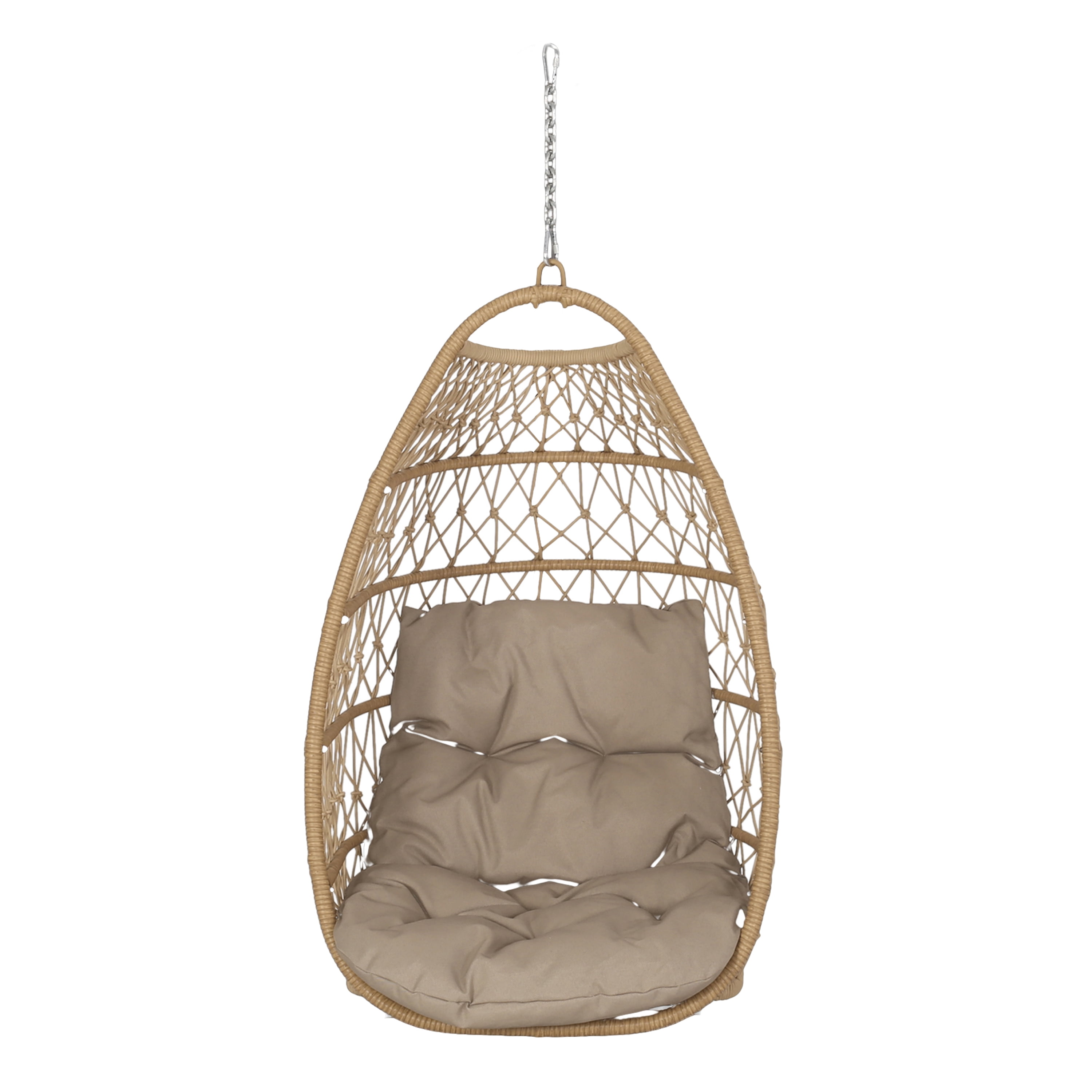 Outdoor Foldable Hanging Basket Chair, Wicker Weave Suspended Relaxing Seat for Patio Garden, Light Tan