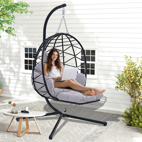 Outdoor Foldable Hanging Egg Swing Chair with Stand & Leg Rest, Weather-Resistant Wicker Rattan, Waterproof Cushion, Headrest, 380lbs Capacity