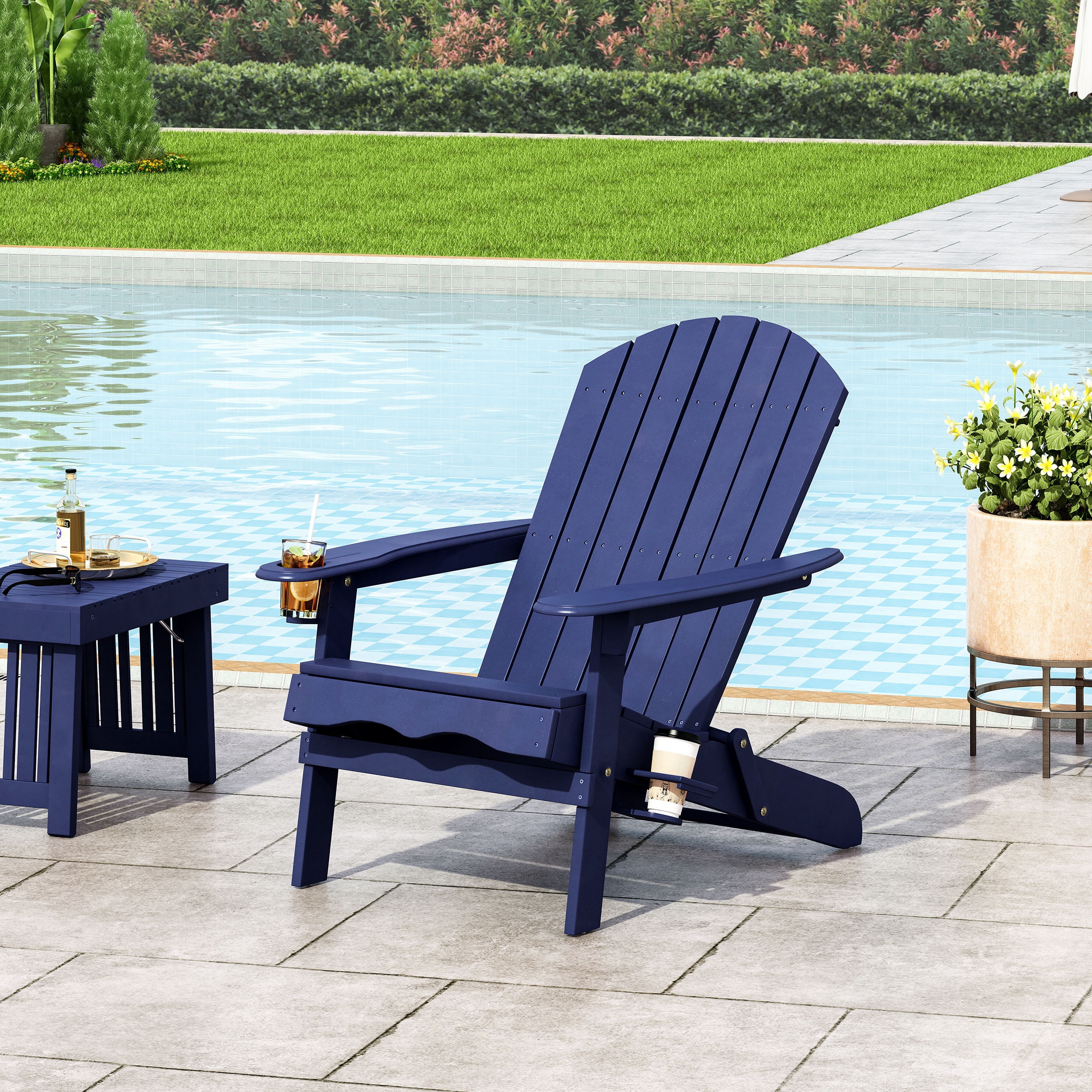 Outdoor Foldable Leisure Lounge Chair, Acacia Wood Casual Rest Chair for Patio Garden, Blue