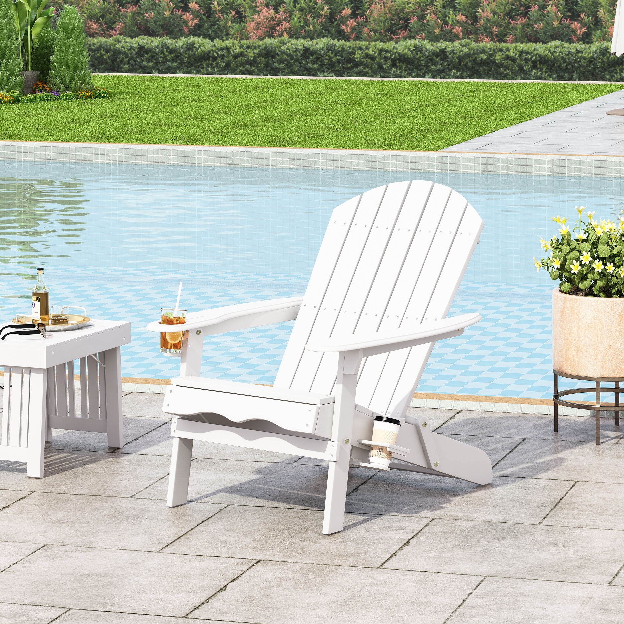 Outdoor Foldable Leisure Lounge Chair, Acacia Wood Casual Rest Chair for Patio Garden, White