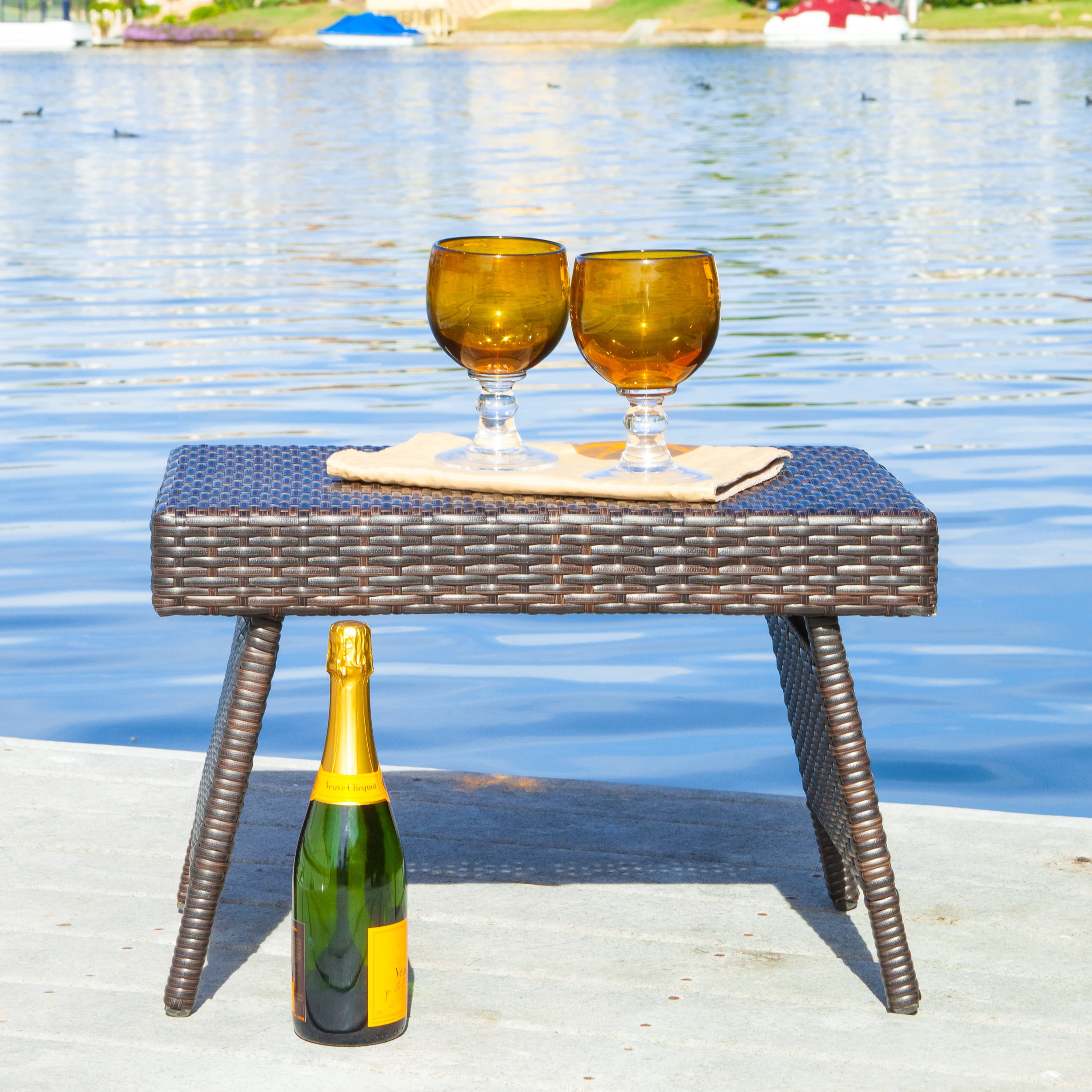 Outdoor Foldable PE Woven Snack Side Table, Portable Small Leisure Table for Patio Garden, Brown