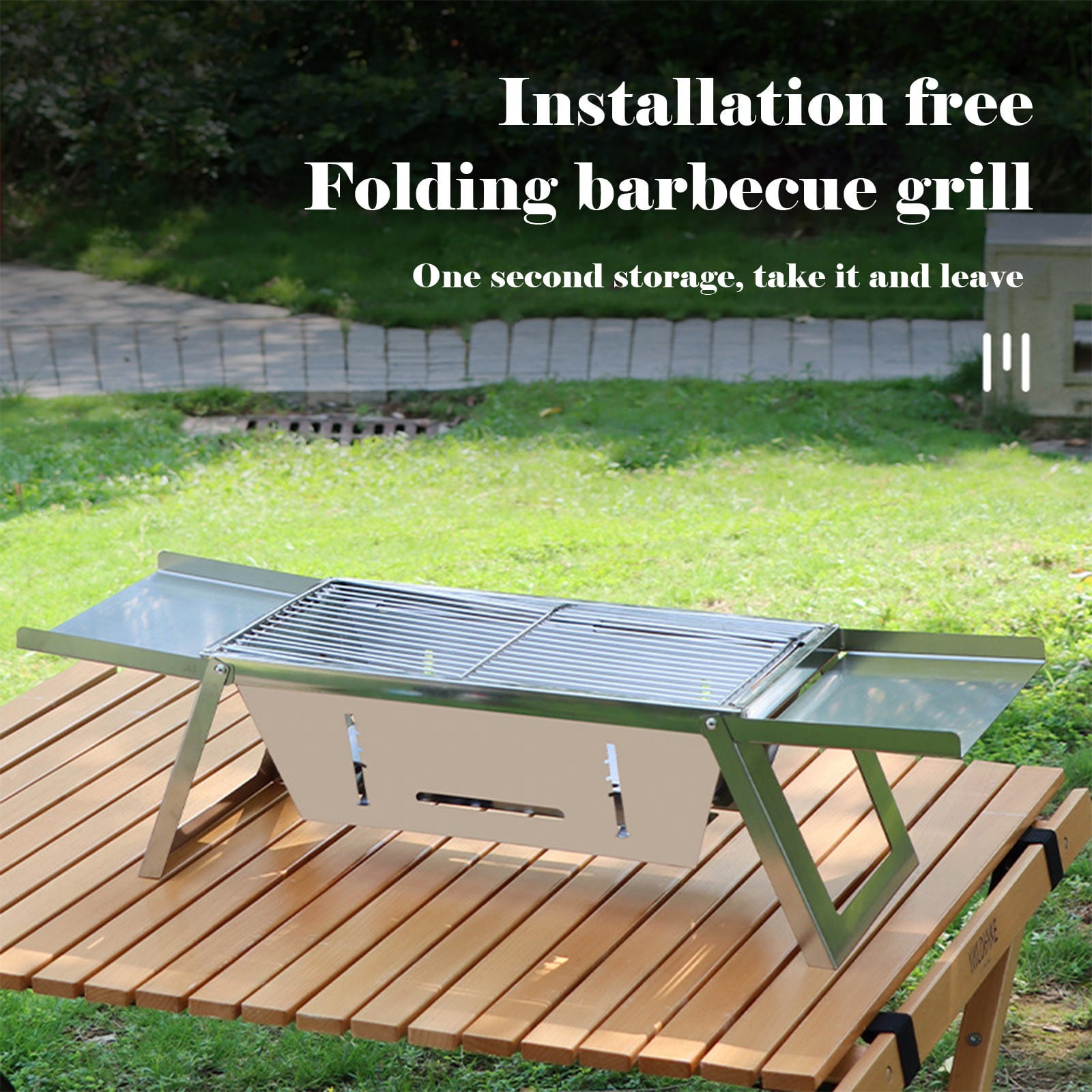 Outdoor Foldable Portable Stainless Steel BBQ Grill, Charcoal Barbecue Smoker with Rack, Camping Patio Picnic Compact Grilling Cooker(As show)